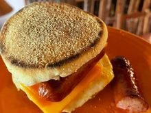 In our HI condo with a not well stocked refrigerator, improvised with what I’ll call Smoky link, egg and cheese McMuffin. 