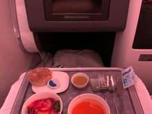 Base tray set-up with farro,chickpea and kale salad, and tomato bisque soup