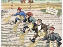 Drawn shortly after the Treaty of Versailles (circa 1920/21), this cartoon shows the “leading members of the League of Nations to promote world peace” hurriedly sowing the “seeds of future wars”…

The eternal Game of Nations and Post–World War I irony, perfectly captured