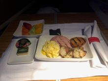Traditional American breakfast, served about 1 hour before landing in Barcelona. Potatoes were the best part of the meal--very soft and perfectly seasoned. 