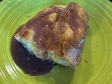 “Cottage Pie” (beef, mashed potatoes, corn, peas, cheddar cheese) with red wine gravy. 