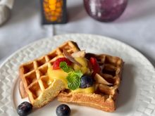 Breakfast Mains - Coconut waffles with mango curd maple syrup and fresh berries - this was excellent but the exact same dish as my flight 6 months prior.