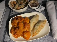 Mid flight snack: Fried spicy chicken and pork dumplings with lotus chips.