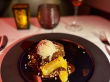 Warm praline cookie with hazelnut ice cream hot chocolate fudge and caramelised orange segments - 8/10 this was slightly overly indulgent for me but nevertheless a great warm dessert if you have a very sweet palate