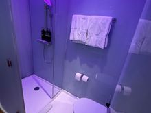 The bathroom had a proper door to the toilet and a door to the shower, so the bathroom does not get flooded when showering.