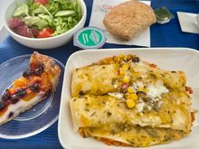 Beef enchies - perfectly fine lunch, good flavor, hot, portioned well. Would definitely get again. Salad fine, bread warm, and cheesecake pretty damn good