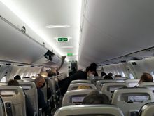 Inside the Airbus A220 with a seating layout of 2-3 