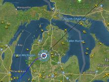 With free wifi, what else would an aerophile do but go right to flightradar24 to track the progress of the flight? By now we were cruising at 33,000 feet above central Michigan. I got a kick out of the blue you are here marker over the plane. Yup, I was there.