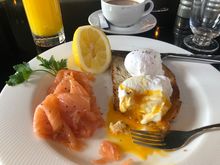 Breakfast at Plum + Spilt Milk: Smoked salmon, "eggs cooked to your liking," and sourdough toast.