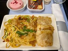 Salt and pepper panko fried tofu with egg noodles, vegetables and garlic sauce