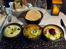 Lunch - Cheef Noof Classic Arabic Mezze, pesto hummus, labneh tahini, avocado muhammara - this was 10/10 all three excellent