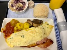 Cream cheese and chive omelette, chorizo hash, bacon