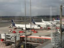Various Airbus and Embraer jets waiting to head off around Europe