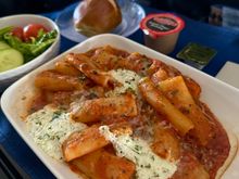 With side salad, sesame ginger dressing, pretzel roll 