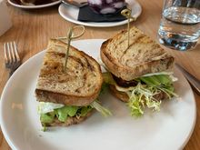 Grilled halloumi avocado egg sandwich, yogurt parfait