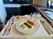 Not my first choice as the chicken terrine wasn’t available.
‘Hot and cold salmon roll’. Nothing ‘hot’ about it, though! 5/10