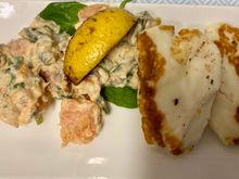 Grilled halloumi with sweet potato, spinach and green bean salad