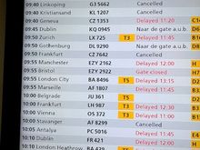 Departures board at 10:30am, about 60-90 minutes delays in most flights, some cancelled. The thick fog was all the way to the tarmarc, 