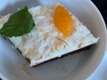 Coconut covered carrot cake was missing the chocolate part of the chocolate orange sauce and I suppose the orange slice counts as the orange part, but it was still delicious. 