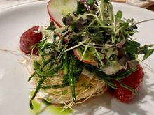 Crispy kataifi, leek, strawberries, wild garlic and chili & strawberry cordial