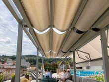 The patio has covered seating 