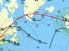 The green circles are 60 minute range rings around suitable airfields to comply with the rules around carrying the technical defect. 