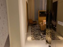 Suite entry hallway, lined with a closet and a powder room.