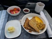 Mexico City - Atlanta: This meal on the other hand was just so awful which matched the service. Ginger infused french toast with apple compote. One piece of toast with a puddle of alleged vanilla sauce does not make a great meal. The crew also forgot to put any bread on the plate (probably didn't need it with the "french toast") for everyone in the cabin and when informed did not seem to care too much. This was a limited pre-order item and I'll avoid this in the future.