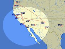 From GCMap: http://www.gcmap.com/mapui?P=pdx-abq-sfo%2Clax-rno-san%2Csts%2Cdfw%2Clas%2Cphx%2Celp%2Csmf%2Ceug&R=740mi%40san&MS=wls&DU=mi