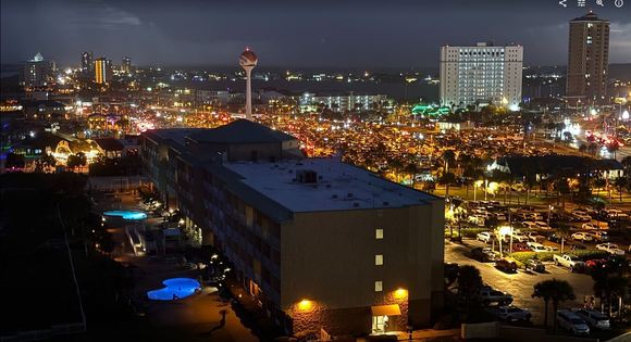 West-facing view at night.