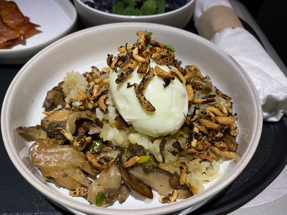 6-minute egg - (lots of) roasted mushrooms, crispy rice, cilantro
