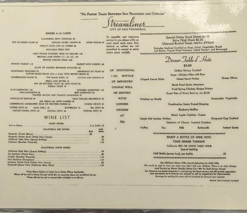 Menu from the City of San Francisco, a rival service to the original California Zephyr; keep this in mind when we take a look at the modern options!