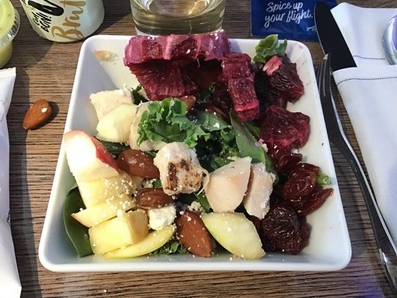 I thought it was good. Mix of blood oranges, fresh apple , dried cherries, grilled chicken pieces, goat cheese and smoked almonds for umami . Not too much kale, more spinach.  I would get this again.