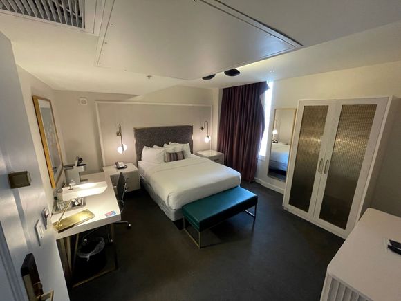 1Q Standard Room. Tight despite the fish-eye effect of this photo.