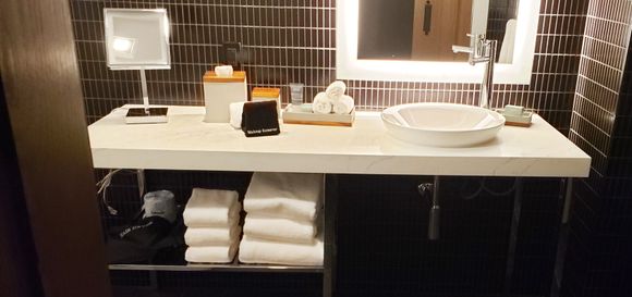 Yes, it's done in black tile. I was a bit concerned about the low pressure from the tap, but the shower worked okay using the handheld wand. I don't bring a ton of stuff with me, but honestly, the counter was a bit cluttered. Two folks who need space would find things "challenging" I think.