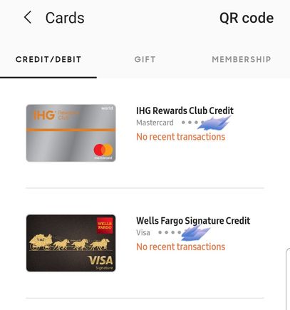 Screenshot of Samsung Pay cards in NFC wallet