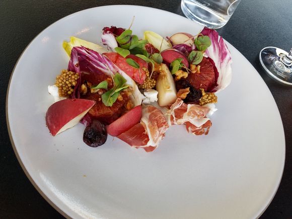 Summer stonefruit salad - super refreshing.   Sweet peaches and plums, salty prosciutto, sour/spicy mustard, bitter clean greens.  Needed more balsamic, but otherwise, excellent and beautiful dish.