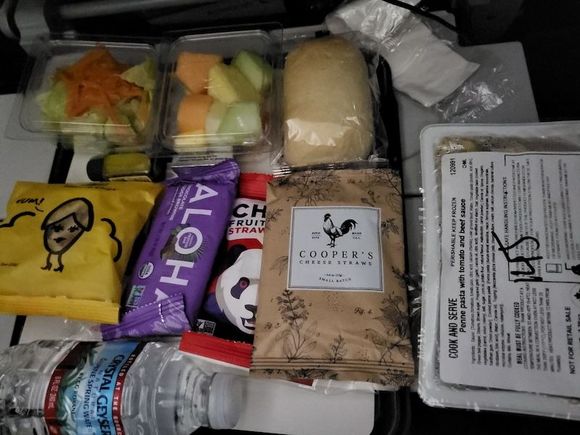 Economy Kids Dinner - Pasta w/ Meat Sauce, PLUS lots of handheld snacks (cheese straws, fruit snacks, brownie bar, banana chips)