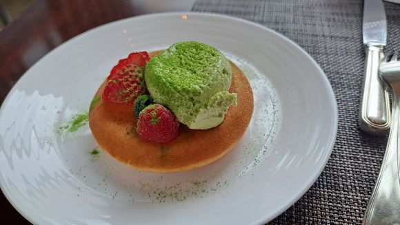 A matcha tiramisu pancake for breakfast