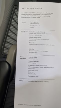 BA224 MSY-LHR supper menu (also BA120, BA226, BA292)
