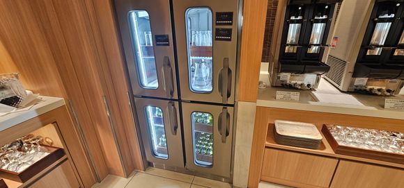 Fridge with water etc.  Beer machines.