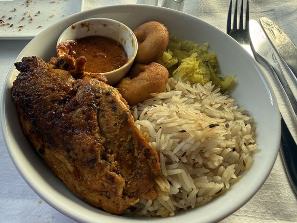 Tandoori chicken (and Indian food in general) holds up on a plane.  The chicken was moist and tasty with the sauce.  The rice was a bit dry, but overall, this was a satisfying meal.  I recall having it on another Europe-U.S. flight the year prior.