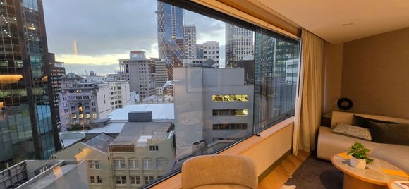 Living room area, and a city view