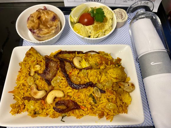 Coronation chicken, chicken biryani, blackcurrant Yorkshire custard tart