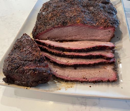 11lb prime brisket. Put it on at midnight 225, checked it at 7 and it was coming along nicely. Wrapped at 8:30, pulled at 10:30 (203 deg)  and let it sleep for a couple of hours in a cooler. 
