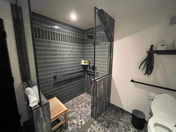 Exec Suite Bathroom (I think this may have been an accessible room, thus the roll-in shower - not sure if they are all like this)