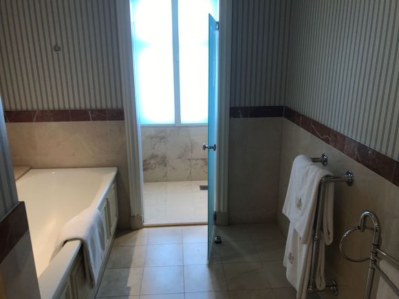 Bathtub and shower with natural daylight behind matte glass