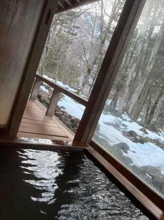 A private onsen, complete with iron rich (= brown) water. Un heated because it’s from a hot spring. You add cold water to make it useable. 