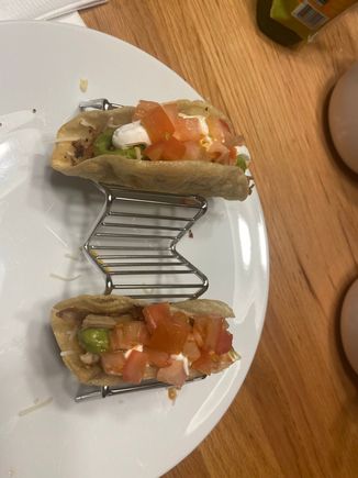 Turkey tacos.  I roasted the turkey Wednesday night.  Housemate turned the leftover into tacos.  