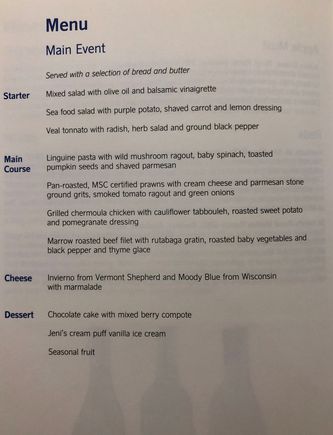 Business class menu SFO-CPH